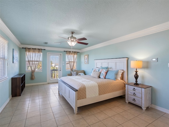 bedroom featuring light tile patterned floors, ceiling fan, access to outside, a textured ceiling, and crown molding