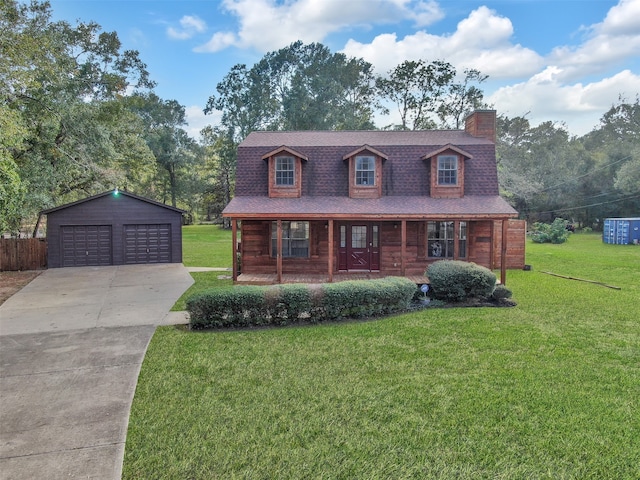 view of front facade featuring a front lawn, an outbuilding, and a garage