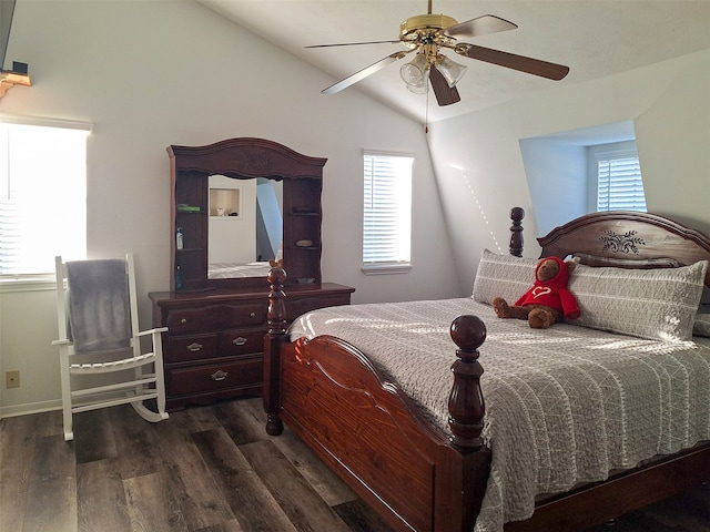 bedroom with multiple windows, lofted ceiling, dark hardwood / wood-style flooring, and ceiling fan