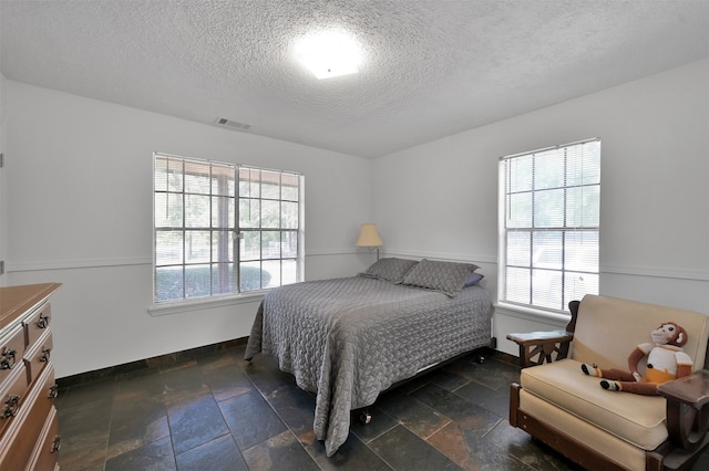 bedroom featuring multiple windows and a textured ceiling