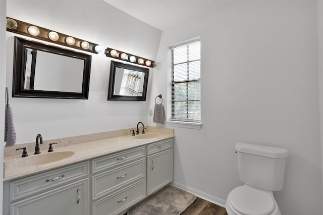 bathroom with vanity, hardwood / wood-style flooring, and toilet