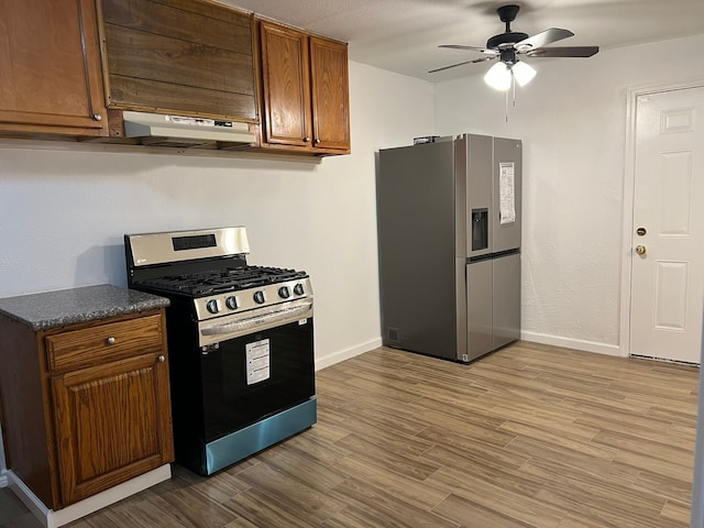 kitchen with ceiling fan, stainless steel appliances, and light hardwood / wood-style flooring