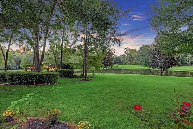 yard at dusk featuring a water view