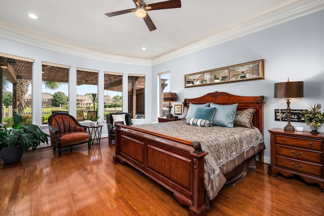 bedroom with wood-type flooring, ceiling fan, and crown molding