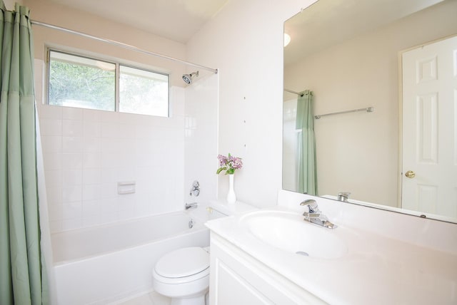 full bathroom with vanity, toilet, and shower / bathtub combination with curtain