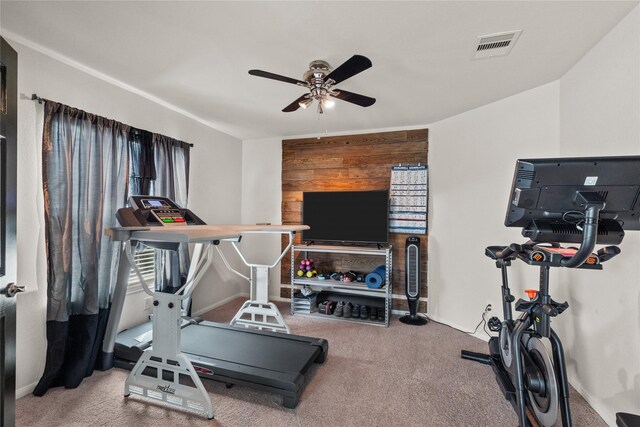 workout area featuring wood walls, ceiling fan, and carpet floors