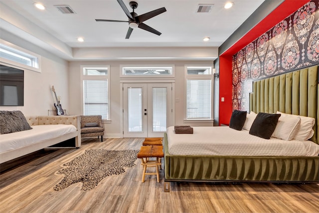 508 E 31st St, Houston, TX 77018 - bedroom with wood finished floors, french doors, access to exterior, recessed lighting, and a ceiling fan