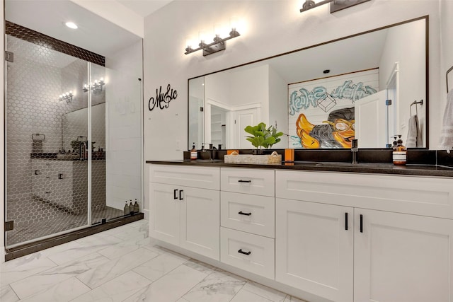 508 E 31st St, Houston, TX 77018 - full bath featuring marble finish flooring, double vanity, a stall shower, and recessed lighting