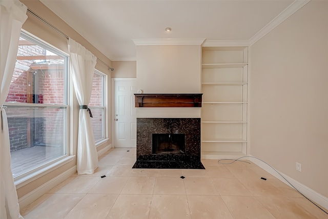 tiled living room with ornamental molding and a fireplace