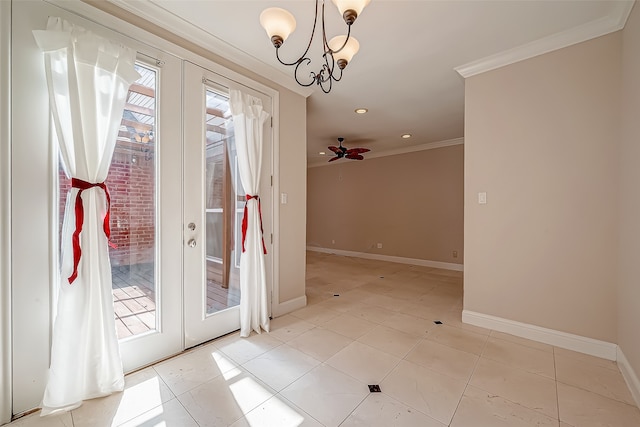 entryway featuring french doors, ornamental molding, light tile patterned flooring, and ceiling fan with notable chandelier