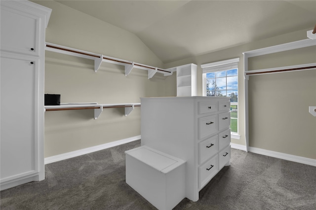 walk in closet featuring dark carpet and lofted ceiling