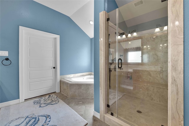 bathroom with plus walk in shower and vaulted ceiling