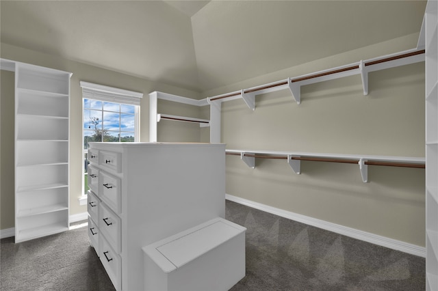 spacious closet featuring dark carpet and vaulted ceiling