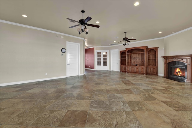 unfurnished living room featuring ceiling fan, french doors, and ornamental molding