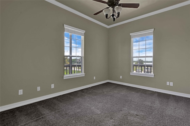 unfurnished room with carpet flooring, ornamental molding, and ceiling fan