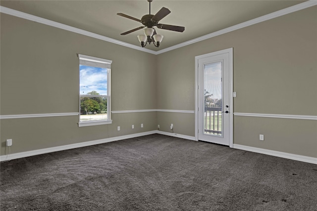 carpeted empty room with crown molding and ceiling fan