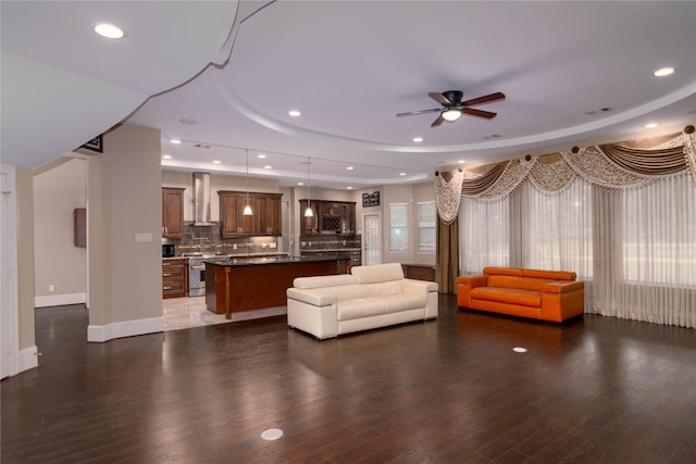 19523 Riverwalk Dr, Porter, TX 77365 - living room featuring ceiling fan, wood finished floors, recessed lighting, and baseboards