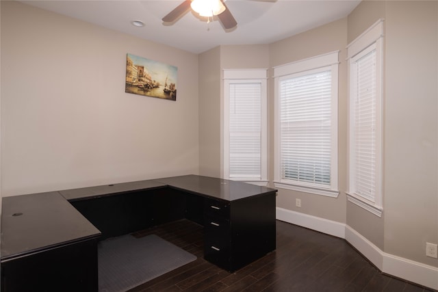 office area with ceiling fan and dark wood-type flooring