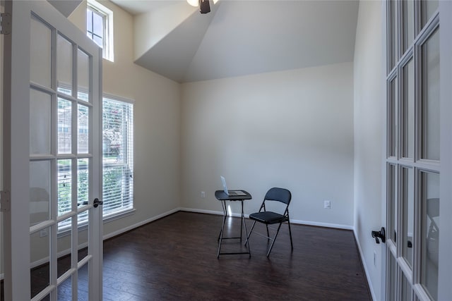 living area with french doors, dark hardwood / wood-style flooring, and a healthy amount of sunlight