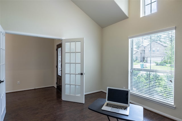 unfurnished office with a wealth of natural light, dark wood-type flooring, and french doors