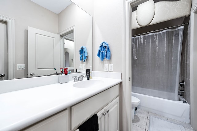 full bathroom with shower / bath combination with curtain, tile patterned floors, vanity, and toilet