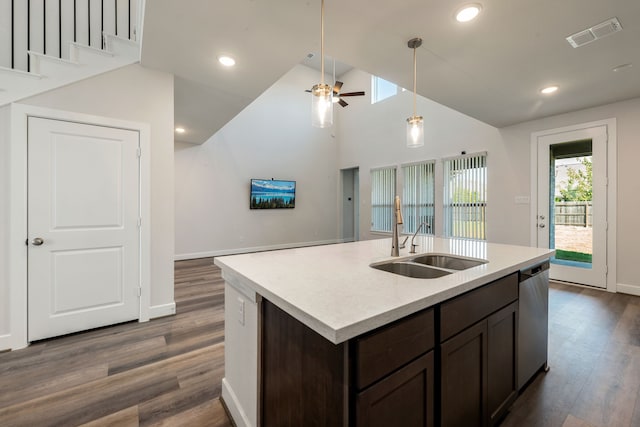 kitchen featuring dark wood-type flooring, high vaulted ceiling, dishwasher, ceiling fan, and sink