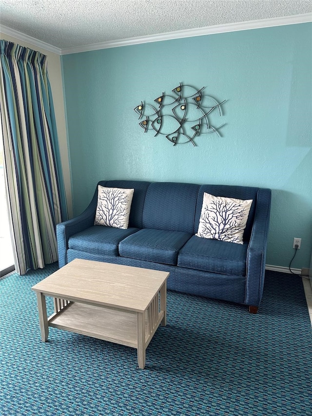 living room featuring a textured ceiling, ornamental molding, and carpet floors