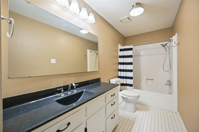 full bathroom with shower / bath combination with curtain, vanity, toilet, and tile patterned floors