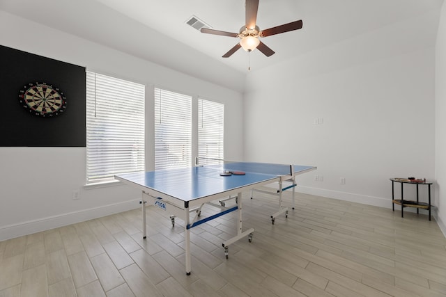 game room featuring ceiling fan and light hardwood / wood-style flooring