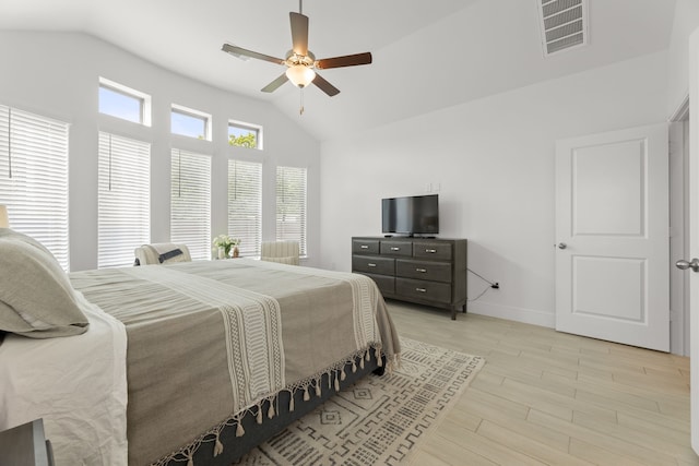 bedroom featuring lofted ceiling, ceiling fan, and light hardwood / wood-style flooring