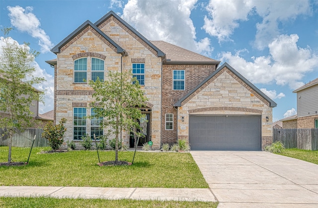 view of front of property with a garage and a front lawn