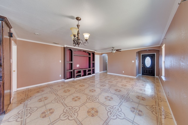 foyer featuring ornamental molding and ceiling fan with notable chandelier