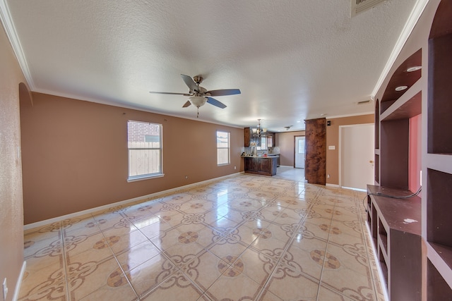 unfurnished living room featuring a textured ceiling, light tile patterned flooring, and crown molding