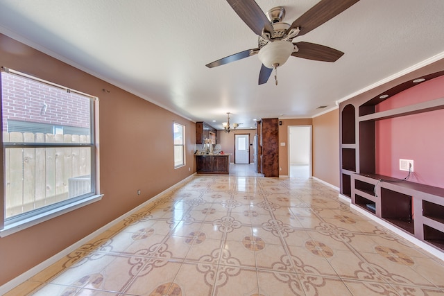 unfurnished living room featuring a textured ceiling, crown molding, ceiling fan with notable chandelier, and light tile patterned floors