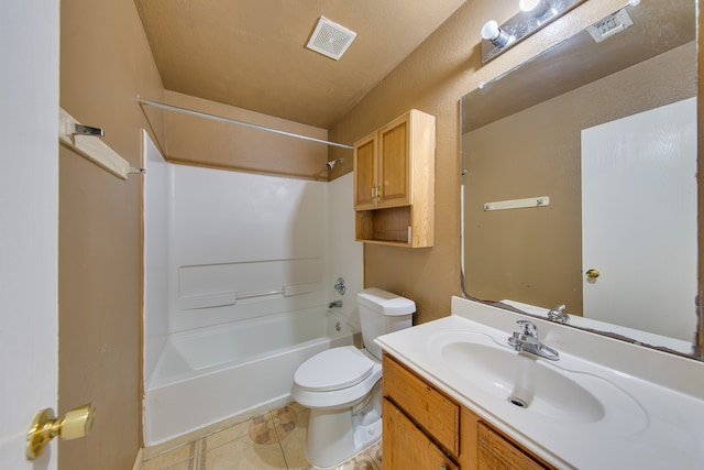 full bathroom featuring tile patterned flooring, a textured ceiling, shower / bath combination, vanity, and toilet