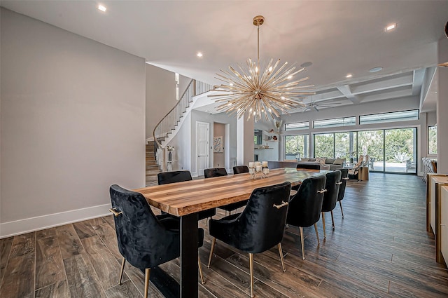 dining room featuring dark wood-type flooring, coffered ceiling, beam ceiling, and a notable chandelier