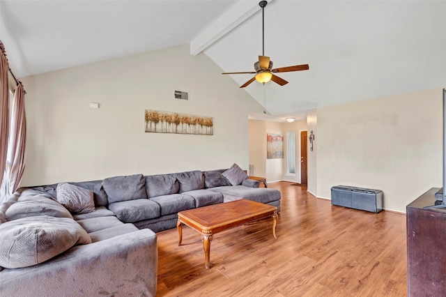 living room with high vaulted ceiling, beamed ceiling, ceiling fan, light hardwood / wood-style flooring, and plenty of natural light