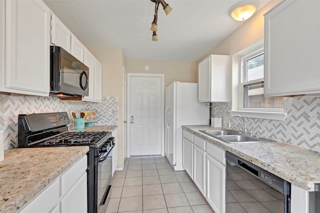 kitchen featuring sink, black appliances, white cabinetry, and rail lighting