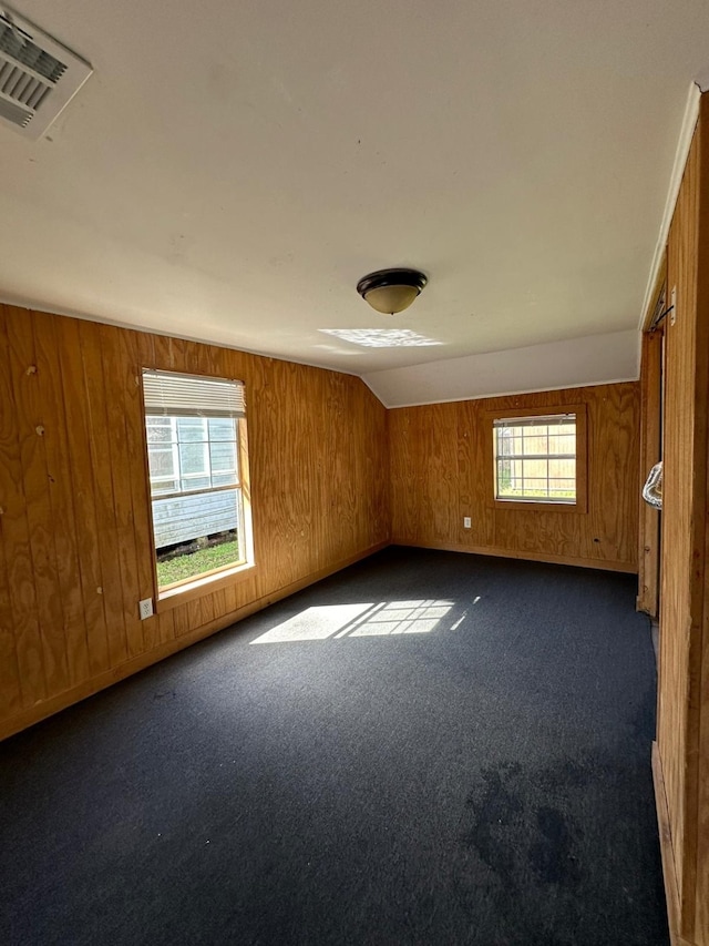 carpeted empty room with wood walls and plenty of natural light