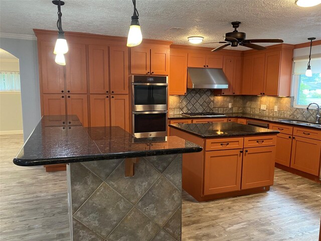 9614 Greenwillow St, Houston, TX 77096 - kitchen featuring under cabinet range hood, a kitchen island, stainless steel appliances, ceiling fan, and light wood-style floors