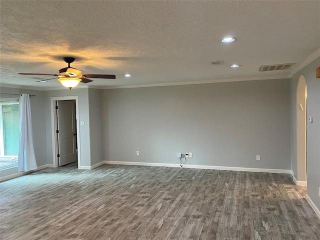 unfurnished room with a textured ceiling, crown molding, hardwood / wood-style floors, and ceiling fan