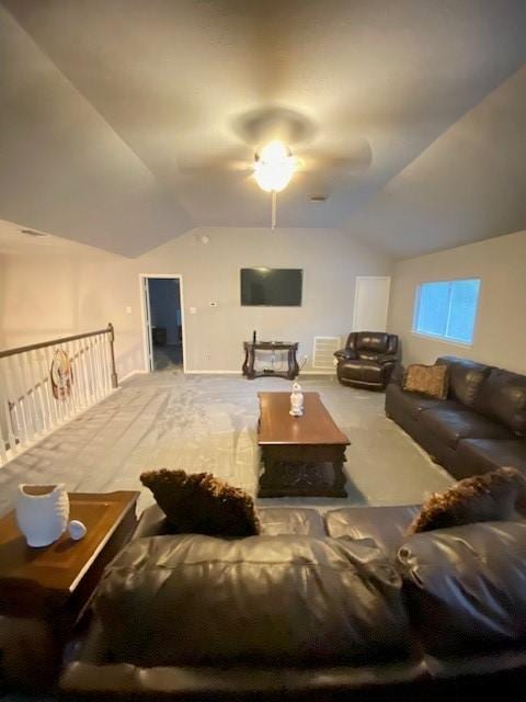 19603 Huckleberry Branch Ct, Spring, TX 77388 - living room featuring lofted ceiling, ceiling fan, and carpet floors