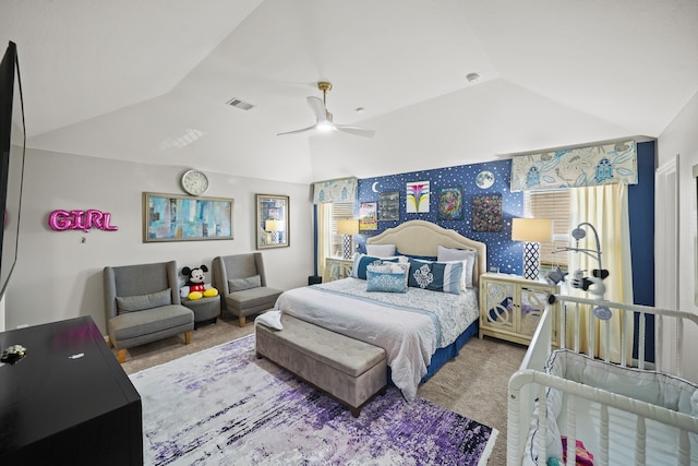 bedroom featuring lofted ceiling, ceiling fan, and carpet floors