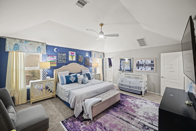 bedroom featuring ceiling fan, lofted ceiling, and carpet flooring