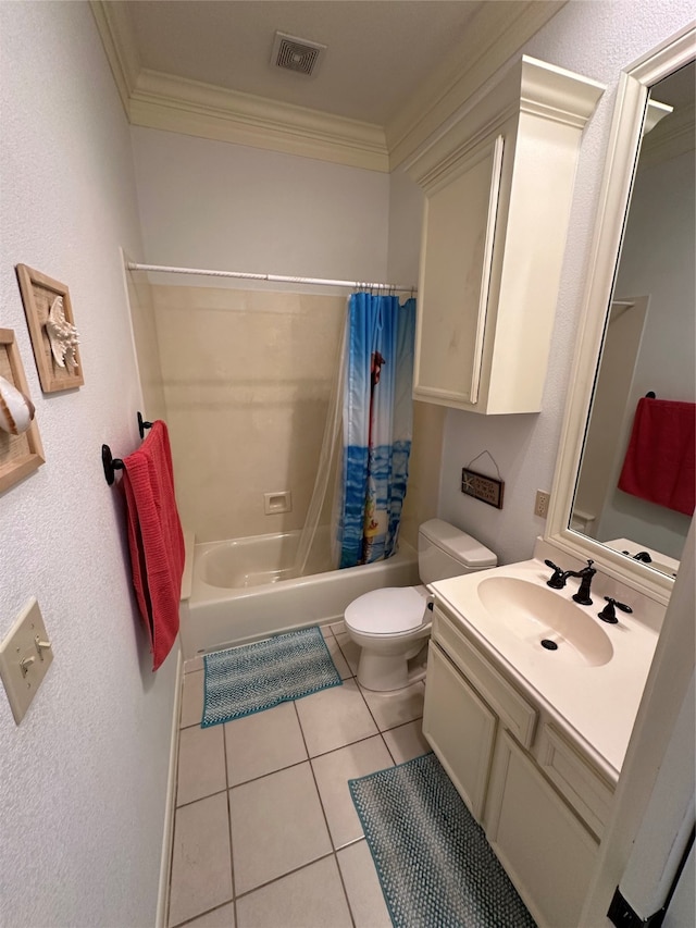 full bathroom featuring ornamental molding, shower / bathtub combination with curtain, vanity, and toilet