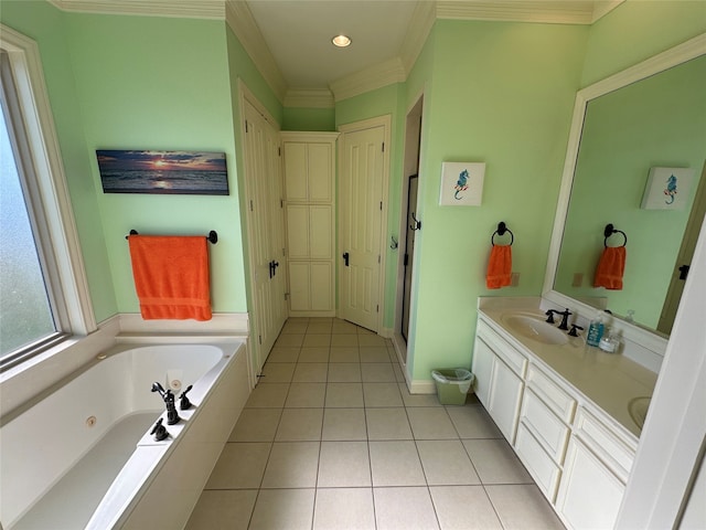 bathroom featuring tile patterned flooring, ornamental molding, a relaxing tiled tub, and vanity