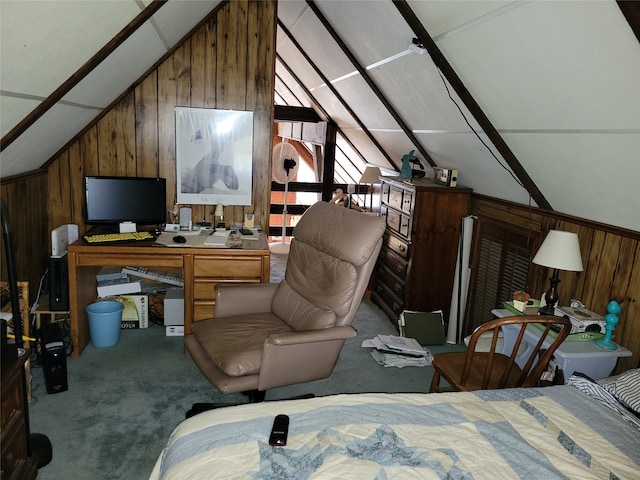 bedroom with wooden walls, carpet, and vaulted ceiling