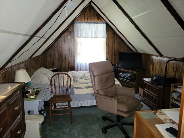 bedroom featuring dark carpet, wooden walls, and vaulted ceiling