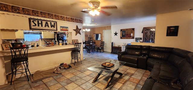 living room featuring ceiling fan