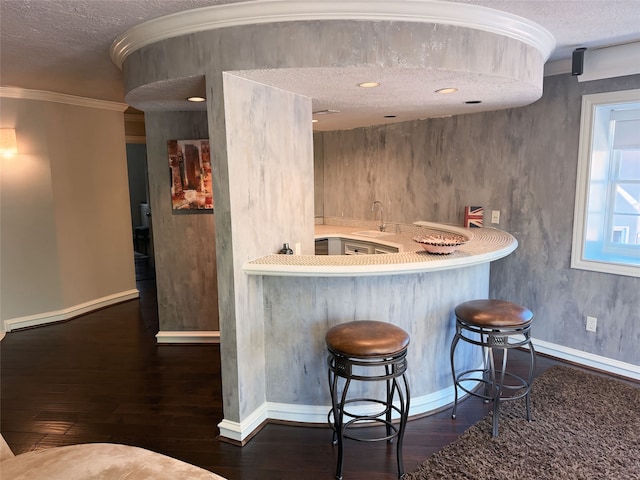 bar with a textured ceiling, crown molding, sink, and dark wood-type flooring